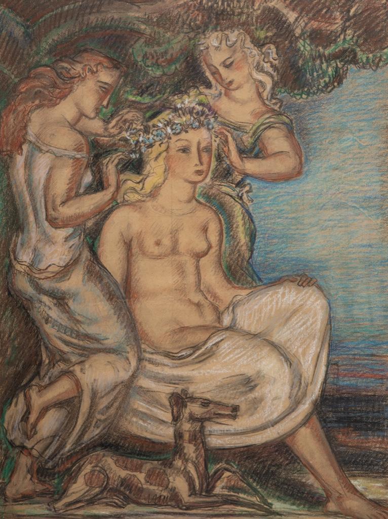 Rene Buthaud circa 1930 signed mixed media on board: Rene Buthaud circa 1930 signed mixed media on board depicting a goddess and her attendants in landscape, Provenance: The artist, collection Michel Fortin, Paris: Collection of Stephen Engel, Florida: