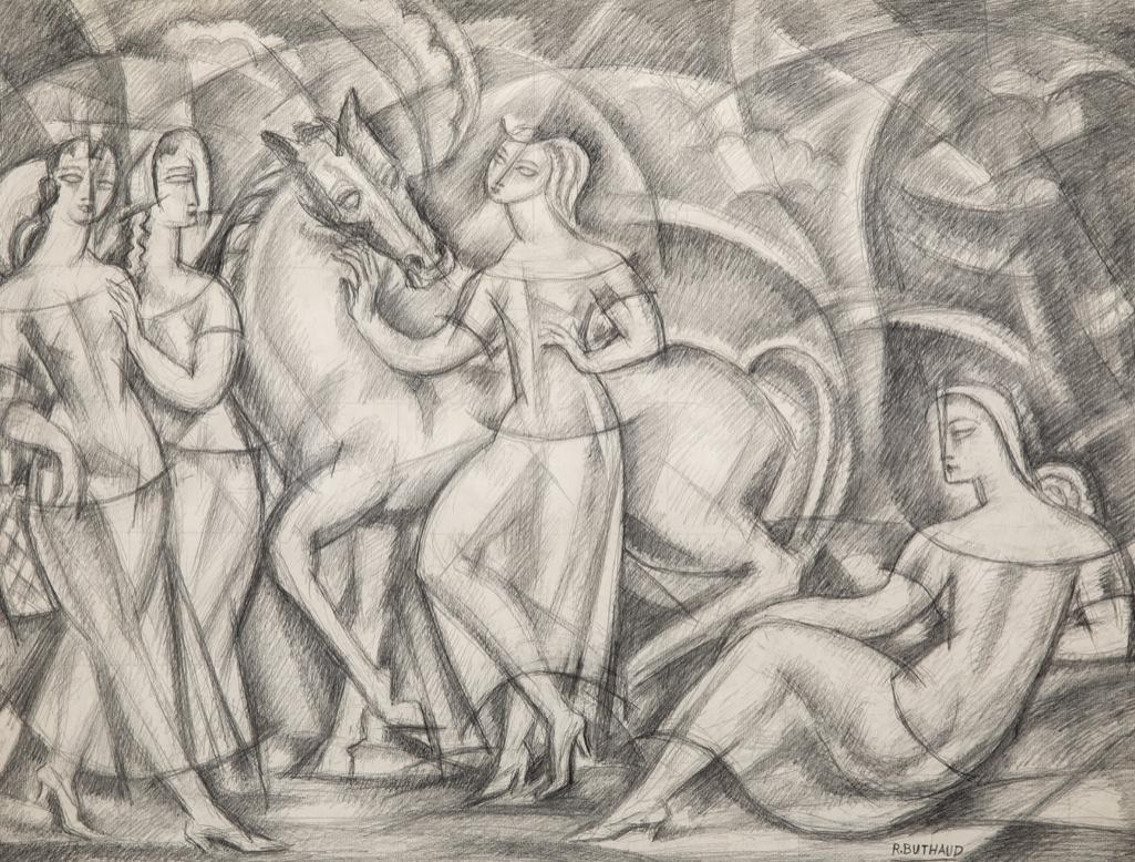 Rene Buthaud circa 1920's signed drawing depicting a: Rene Buthaud circa 1920's signed drawing depicting a goddess and horse with her attendants in landscape, Provenance: The artist, Exhibited Michel Fortin Gallery in NY cat #48, Paris: Collection of Ste