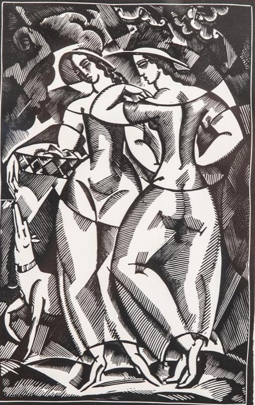 Rene Buthaud signed woodblock print: Rene Buthaud signed woodblock print, "Dues amies avec chien" , Provenance: The artist, Michel Fortin, Paris: Collection of Stephen Engel, Florida: Literature: CruÃ¨ge, Rene Buthaud 1886 - 1986, 1996