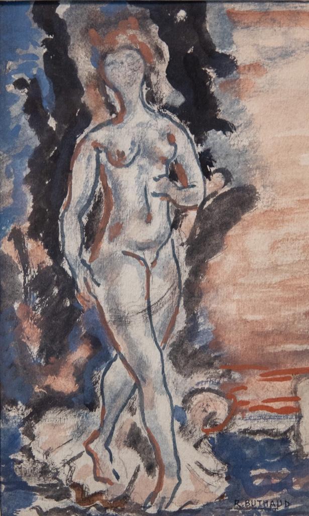 Rene Buthaud Midcentury Nude Study, Signed Gouache on: Rene Buthaud mid century nude study, signed gouache on paper. Provenance: The artist, collection Michel Fortin, Paris: Collection of Stephen Engel, Florida: Literature: CruÃ¨ge, Rene Buthaud. Rene B