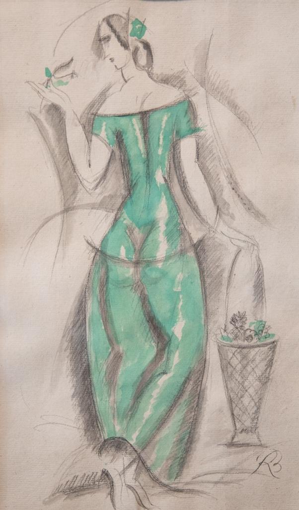 Rene Buthaud Mixed-Media on Paper Woman in Green Dress,: Rene Buthaud mid century woman in green dress, signed and dated 1924 mixed media on paper Provenance: The artist, collection Michel Fortin, Paris: Collection of Stephen Engel, Florida: Literature: Cru