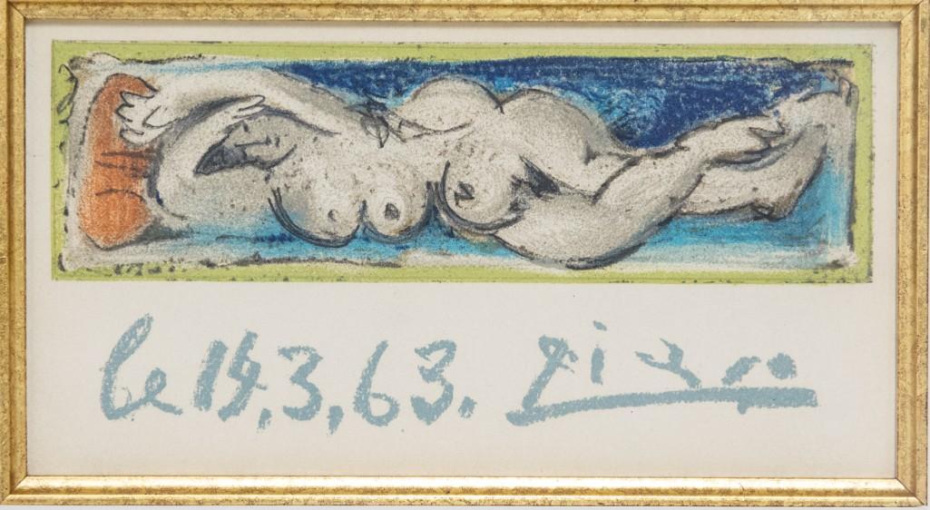 Pablo Picasso Reclining Nude: Pablo Picasso Reclining Nude, included in Les Dame de Mougins by HelÃ¨ne de Mougins, 1964, published by editions Cercle d'Art, Paris, printed by Mourlot, Paris. Color lithograph on paper, image size