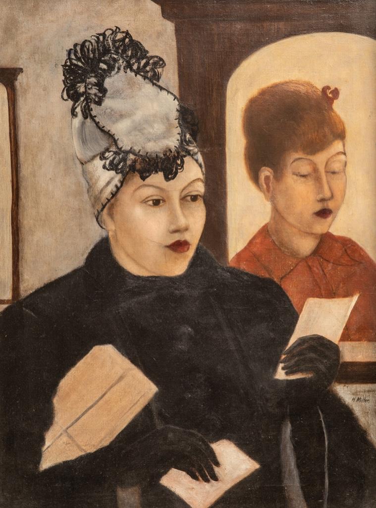 Kenneth Hayes Miller Oil on Canvas: Kenneth Hayes Miller oil on canvas, Two Society Women Signed H. Miller Lower Right. Measures 24"H x 17"W Visible art and 29.5"H x 23"W framed. American painter and teacher. He studied with Kenyon Cox