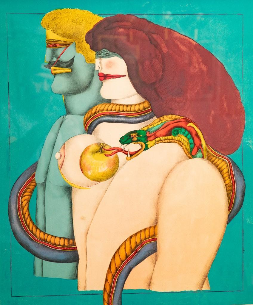 20th Century Richard Lindner Signed Lithograph: Richard Lindner 20th Century pencil Signed Colored Lithograph "Adam and Eve" Signed and numbered 171/250. Measures 26"h x 20.5"W. Born in Hamburg, Germany, Richard Lindner became a prominent New York