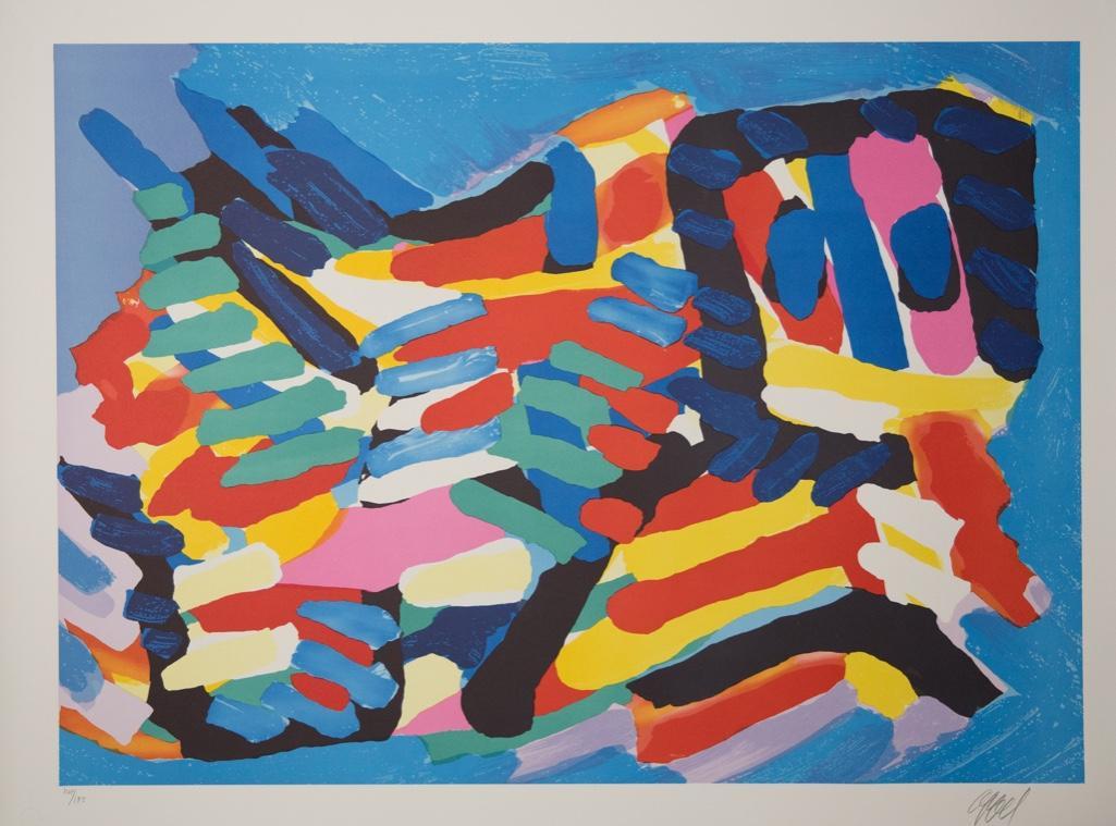 20th Century Karel Appel Signed Lithograph: karel appel pencil signed and and numbered lithograph circa 1974 on atelier dumas paper with blindstamps for london arts approx 24" x 32" Karel Appel was an influential Dutch painter whose figurative 