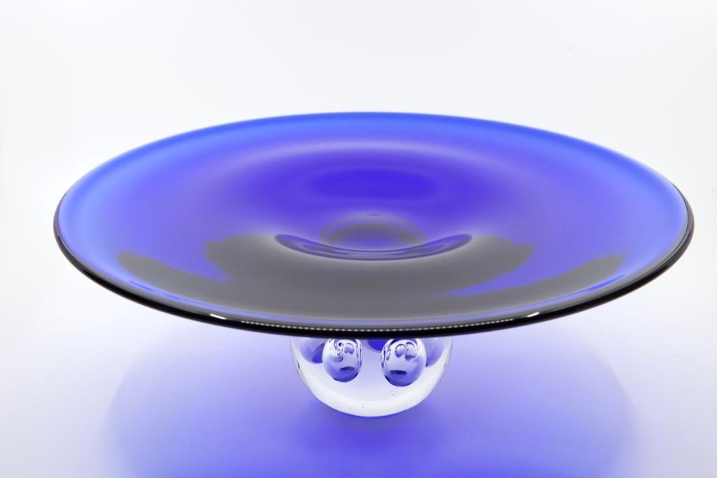 Vintage Studio Art Glass Compote: Large 20th century large blue studio art glass compote with a round clear base 6"H x 15"