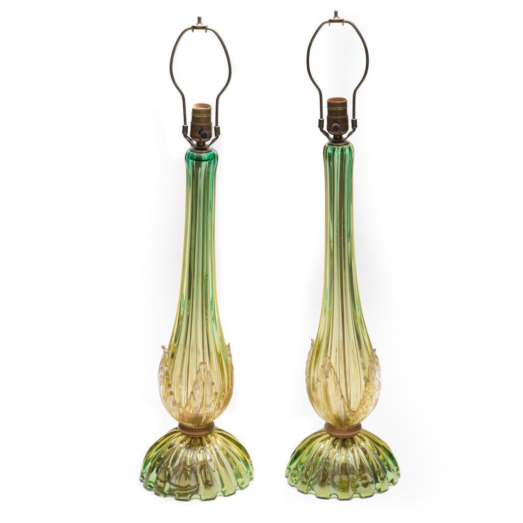 Barovier & Toso Atrributed Mid Century Murano Lamps: Pair of 20th Mid Century Green Murano Lamps attributed to Barovier & Toso. Measures 23"H