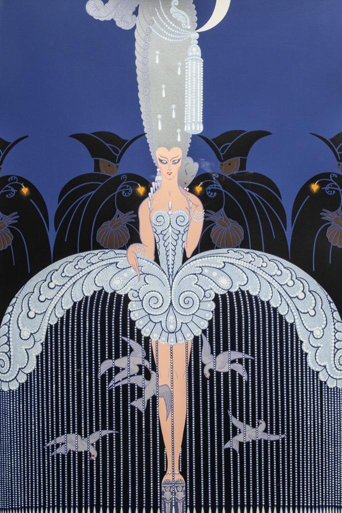 Erte 20th Century Signed Serigraph on Paper: Erte (Romain de Tirtoff) 20th century Serigraph on Paper "Her Secret Admirers". Circa 1980. Signed in Pencil. Erte is perhaps most famous for his elegant fashion designs which capture the art deco per