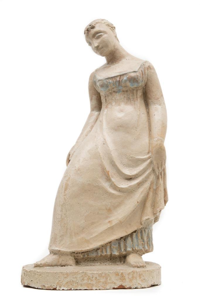 Clivia A. Calder Morrison (1909-2010, American),: Signed classically garbed female ceramic figure 23"ht by Clivia Calder Morrison Clivia Calder studied with Samuel Cashwan at the Detroit Society of Arts and Crafts and with William Zorach in New York 