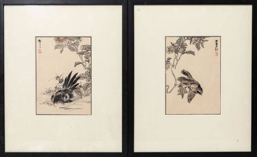 Pair of Kono Bairei woodblock prints: Asian Kono Bairtei set of two woodblock prints image 8 1/4"h x 6"w and framed 16 1/2"h x 13 1/2"w circa 1883