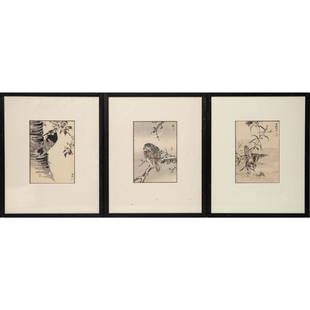 Kono Bairei 3 woodblock prints: Asian Kono Bairei Set of three Japanese woodblock prints image 8 1/4"h x 6" w and framed 16 1/2"h x 13 1/2"w circa 1881