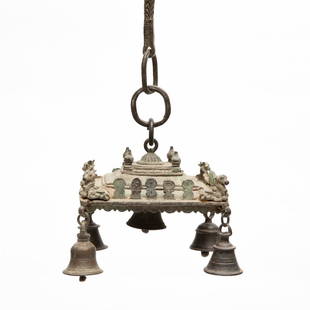 Antique Bronze Asian Temple Chimes: Antique Bronze Asian temple Chimes with Woven Bronze support Chain appox 6"w x 6'8"h