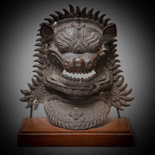 Antique Asian Bronze Demon: Antique Asian Bronze Demon mounted on wooden plinth 18 1/2"h x 15 1/2"w