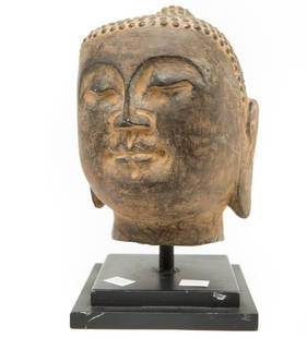 19th Century Southeast Asia Stone Carving Buddha Head: Vintage southeast Asia stone carving of Buddha head 9"H