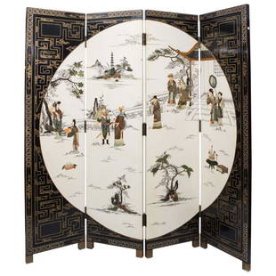 Mid Century Chinese 4 Fold Hand Painted Screen Set With: Asian Chinese vintage/midcentury 4 section screen. It is hand painted, lacquered and set with carved hard stones. The screen illustrates a noble court scene with a visiting dignitary. The scene is