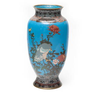 Japanese Meiji Cloisonne Vase: Asian Japanese Meiji cloisonne vase with birds and floral motif, Circa 1900, 14.5" H