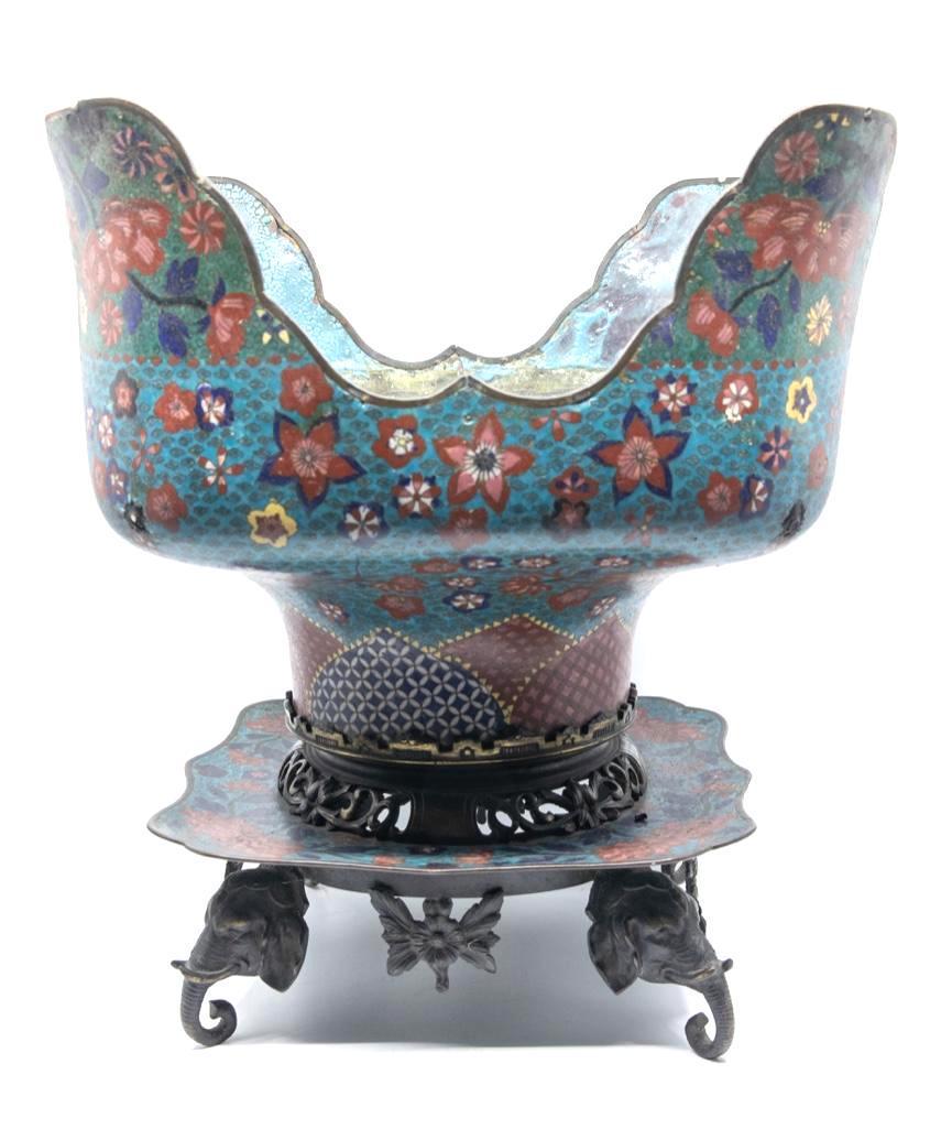 19th Century Cloisonne Jardiniere: Asian Japanese Meiji 19th Century Cloisonne Ferniere Jardiniere. 16"H x 16 3/8"W