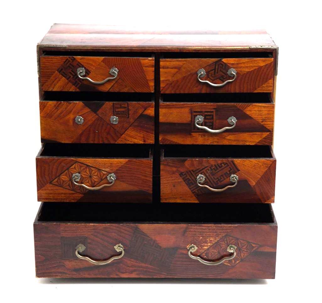 Meiji Japanese Inlaid Cabinet: Asian Japanese Meji Inlaid 7 Drawer Cabinet. 16"H x 17.5"W x 10"D Approx
