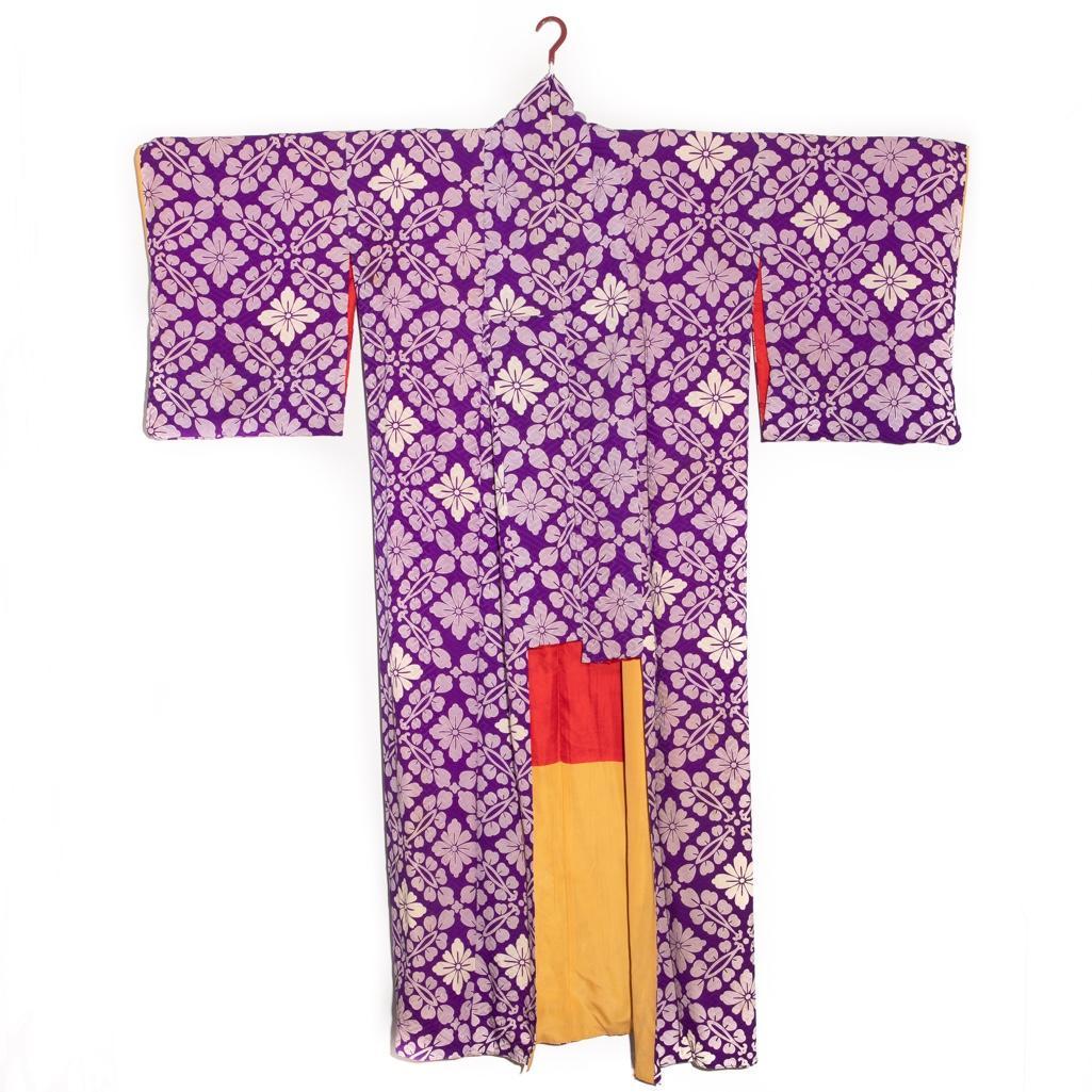 Japanese 1920 vintage handwoven silk damask kimono,: Asian Japanese 1920 vintage handwoven silk damask kimono, hand decorated with yuzen resist dyed design. This violet kimono is made from a sayagata pattern damask silk. It features a lavender and white