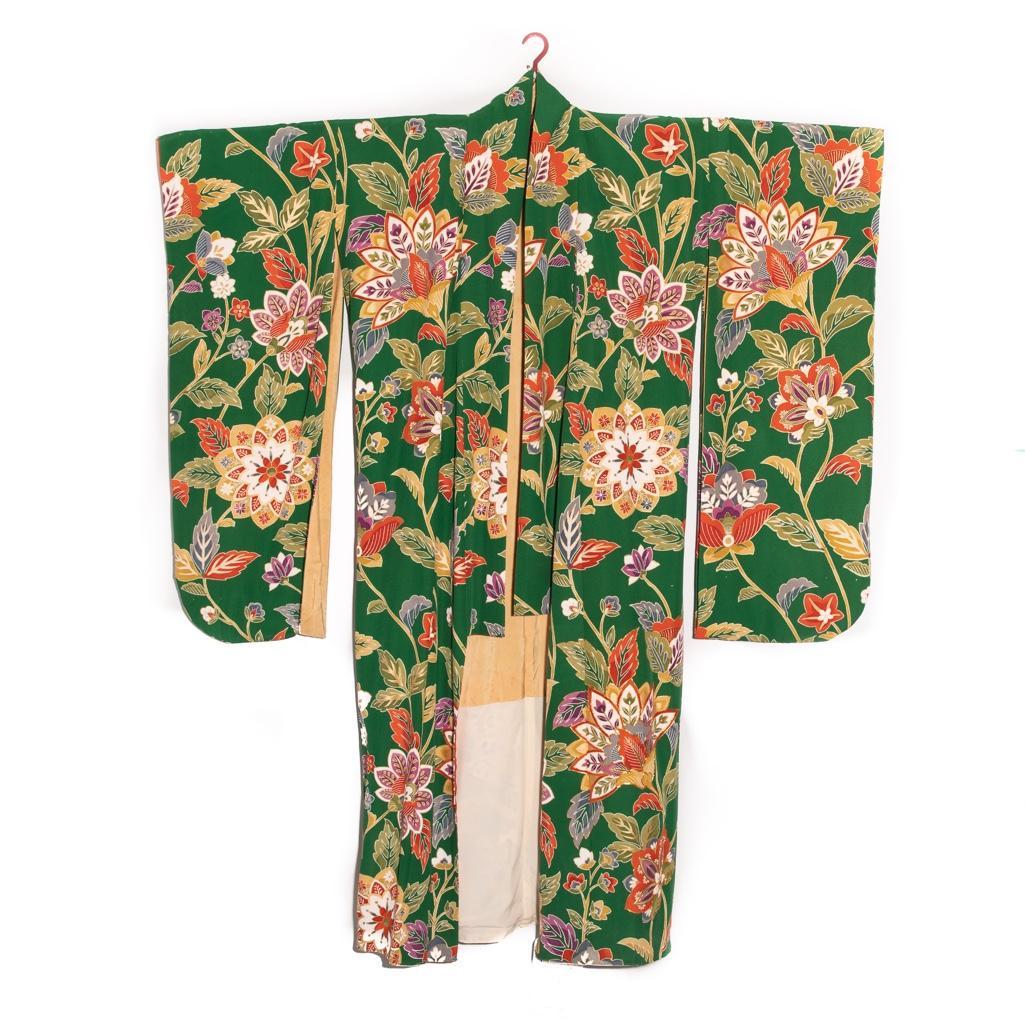 Japanese vintage handwoven silk crepe furisode kimono,: Asian Japanese vintage handwoven silk crepe furisode kimono, hand decorated with yuzen resist dyed design, surihaku metallic gold leaf and metallic gold couching embroidery. The dark green kimono feat