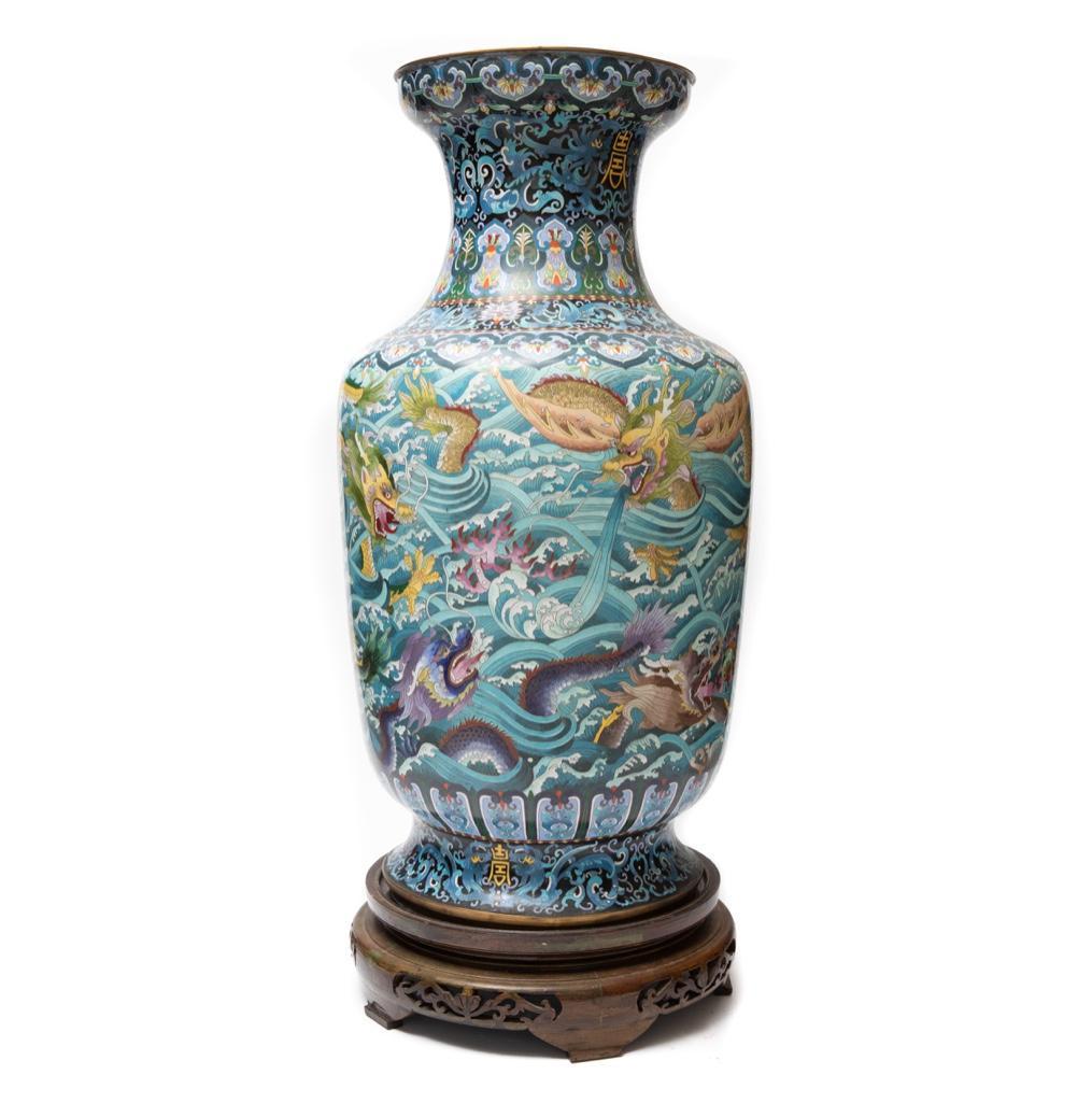 asian Monumental Chinese Cloisonne Vase W Carved Wooden (1 of 9)