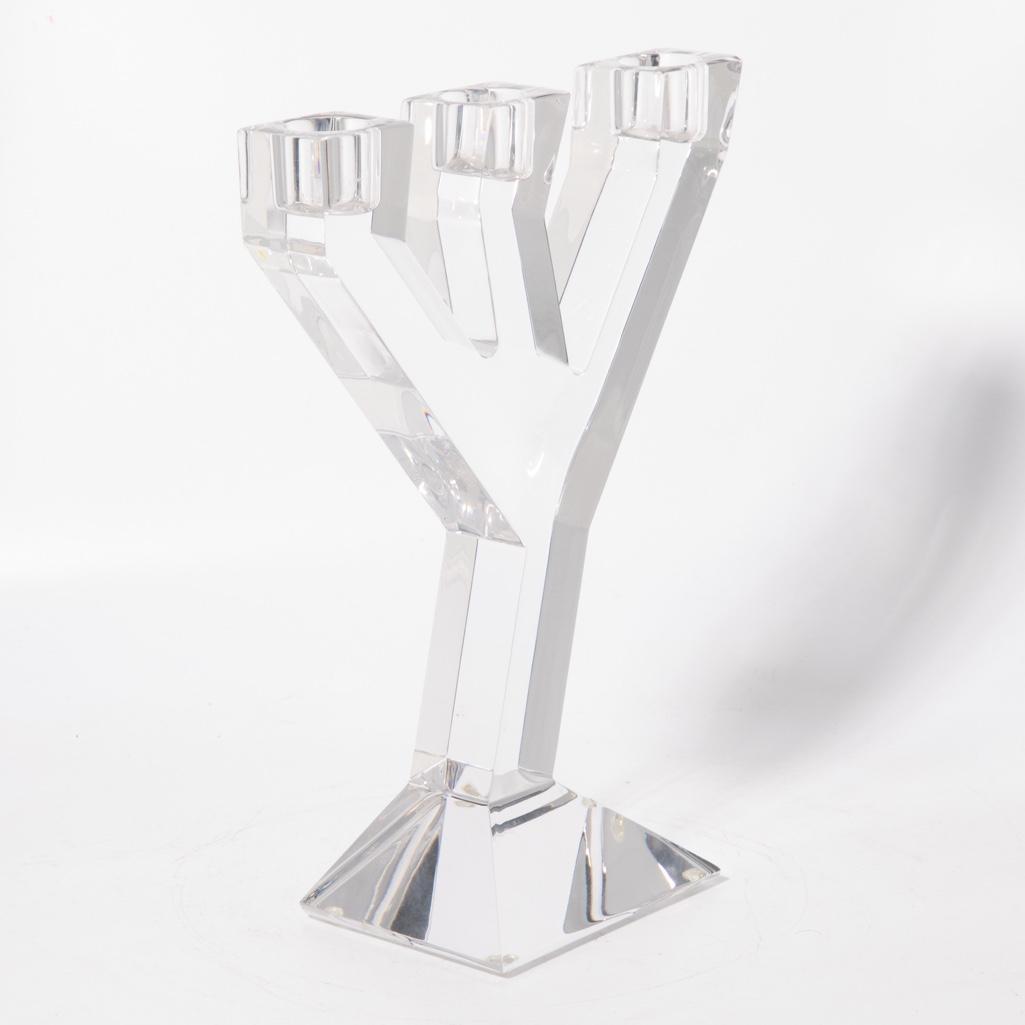 Signed Orrefors Crystal Candelabra: Signed Orrefors Modernist Crystal Candelabra. Measures 9.5"H x 7"W x 3"D(base)