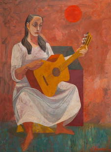 Anton Refregier (American, 1905-1979) "Woman playing: Anton Refregier (American, 1905-1979) "Woman playing guitar," oil on board, signed lower right in red: "A Refregier." Image: 40" H x 29.5" W; frame: 49" H x 38.5" W x 2.25" D. Flaking and paint loss.