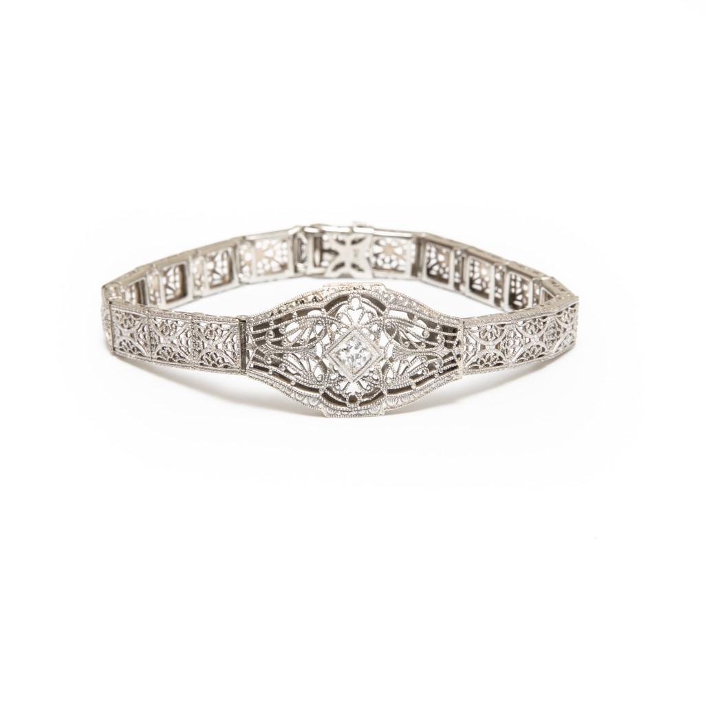 GIA Art deco 14K White Gold Diamond Filigree Bracelet (1 of 4)
