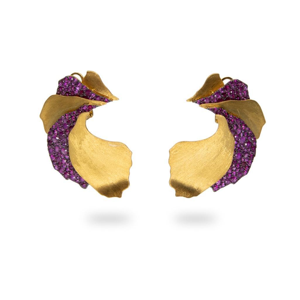 GIA 18kt Gold and Ruby Leaf Earrings, Umrao: 18kt Gold and Ruby Leaf Earrings, Umrao, set with circular-cut rubies, 18.8 dwt, lg. 1 3/4 x 1 1/8 in. Note: House of Umrao is a brand created by designer Anuj Shah, who brings his own unique and mode