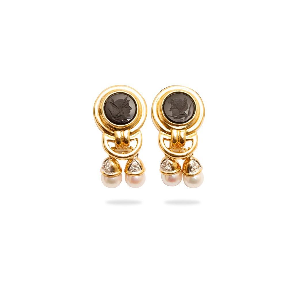 GIA 14K Gold, Diamond and Onyx Earrings (1 of 5)