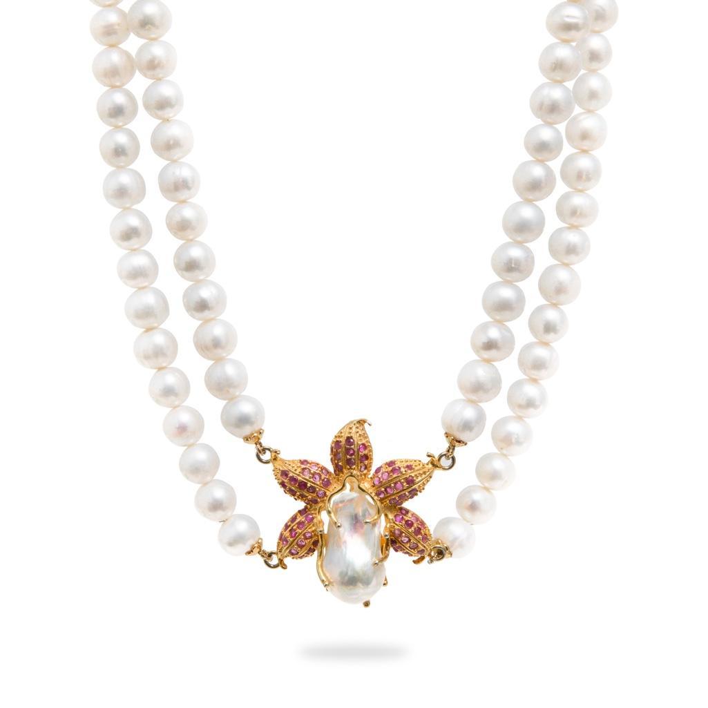 GIA Sterling Silver, freshwater pearl and Ruby necklace (1 of 4)