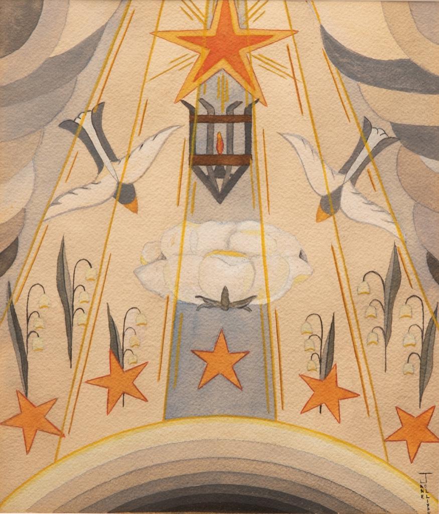 Jane Jolliffe Watercolor and Gouache: Art Deco watercolor scene from Dante's Divine Comedy. signed "Jane Jolliffe" l.r., Watercolor and gouache on paper/board, sight sizes to 10 1/2 x 8 1/2 in