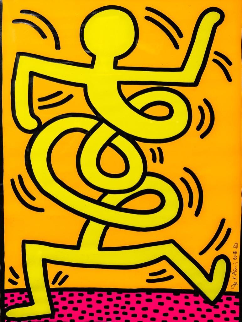 Keith Haring Screenprint double Signed and numbered: Keith Haring MONTREUX YELLOW MAN Screenprint limited edition numbered 57/80 signed in print and pen signed dated 1983 East End Gallery label on reverse frame, Float mounted. measures 41 1/4"h x 29 1/8