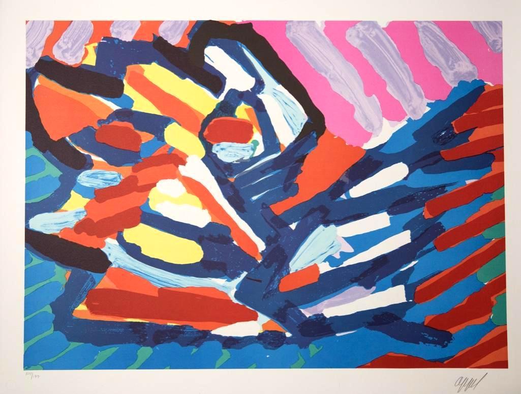 Karel Appel Signed Lithograph: karel appel pencil signed and and numbered lithograph circa 1974 on atelier dumas paper with blindstamps for london arts approx 24" x 32"