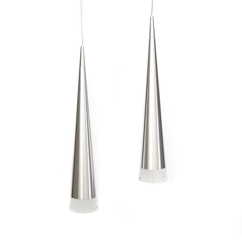 Modernist Pendant Lamps: 20th Century Modernist Lucite and Polished Aluminum hanging light fixtures, Pendant: 12.75" H x 2.25" diameter.