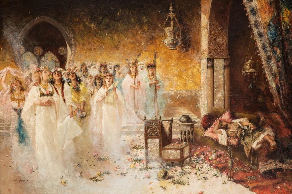 Antonio Rivas "Dream Serenade, 1886 Oil on canvas: Antonio Rivas, symbolist/orientalist painting on canvas. In an apparition or dream, a group of women floating above the ground are joined together in song. To the right on a lush settee is a bearded m