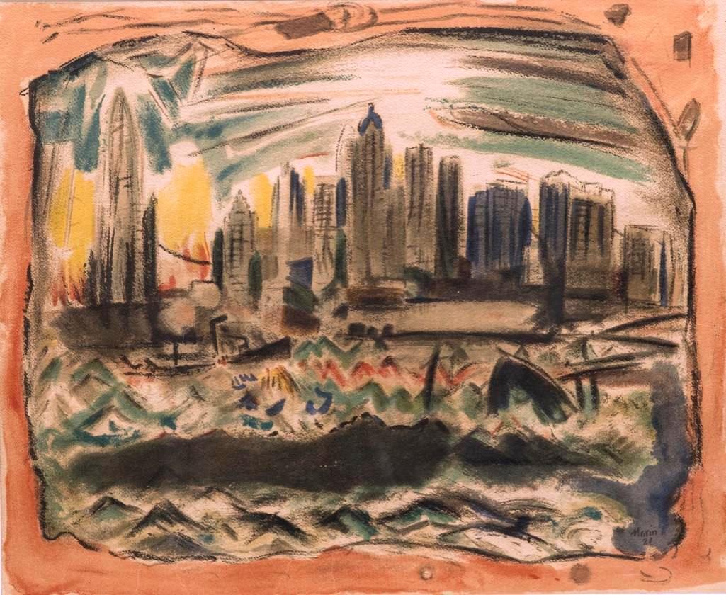 John Marin 20th Century Signed: Signed John Marin 1921 VINTAGE mixed media probably an etching or screen print with original added watercolor painting,.... view of lower Manhattan from across harbor signed and dated 21" approx 23 x