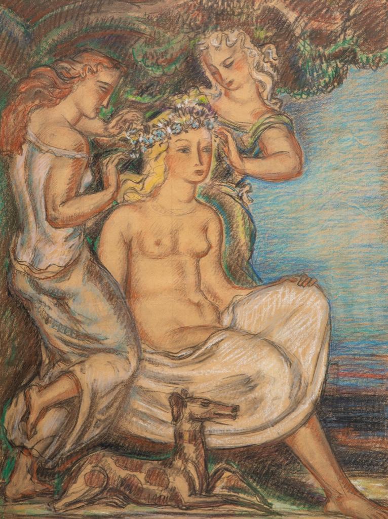 Rene Buthaud circa 1930 signed mixed media on board: Rene Buthaud circa 1930 signed mixed media on board depicting a goddess and her attendants in landscape, Provenance: The artist, collection Michel Fortin, Paris: Collection of Stephen Engel, Florida: