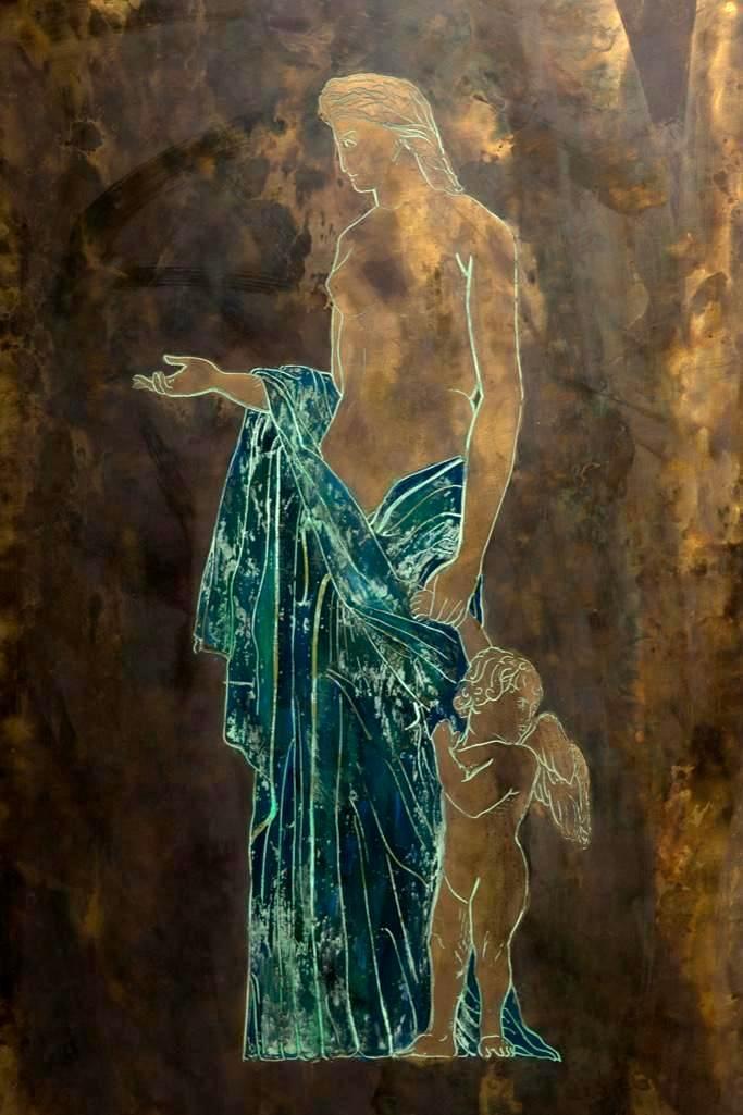 Mid Century Modern Philip and Kelvin LaVerne Signed: Philip and Kelvin LaVerne mid century modern Signed Classical Inspired Wall Sculpture, sculpture is made of patinated bronze, etched and with hand painted enamels by Philip & Kelvin LaVerne, American,