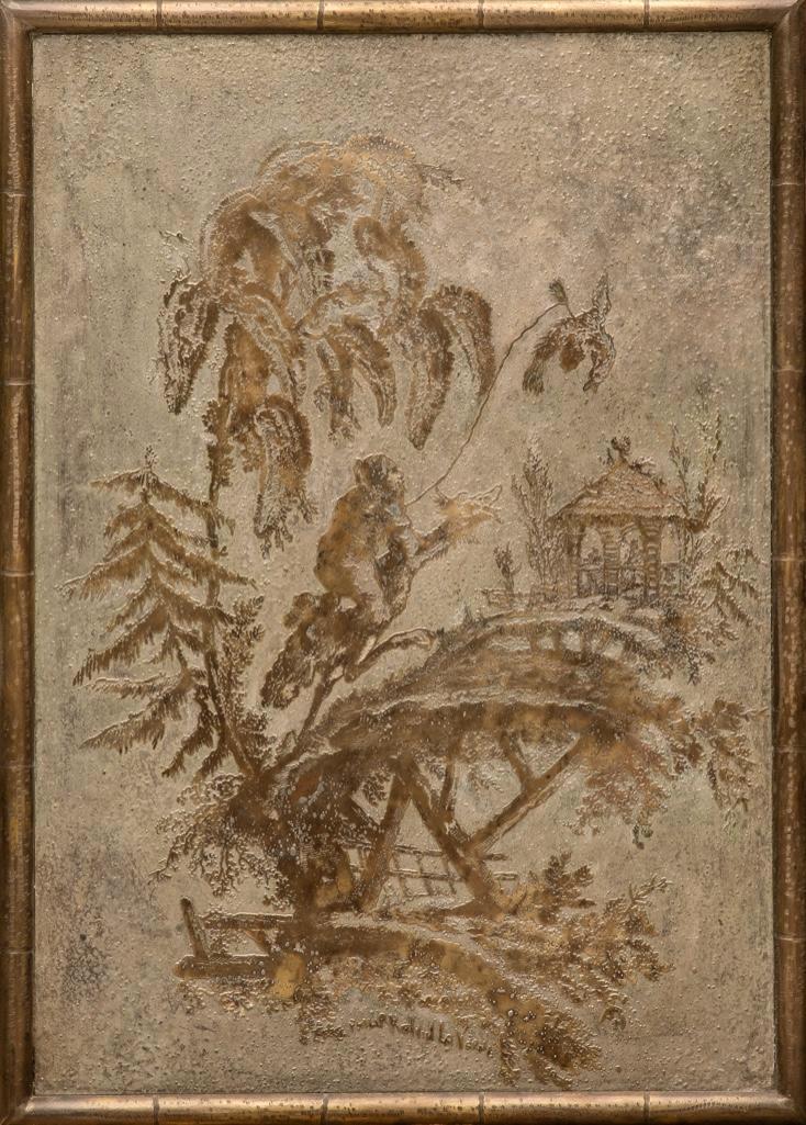 Philip & Kelvin Laverne Modern Mixed Metal Sculpture: Philip and Kelvin Laverne mid-century modern Asian inspired / Chinoiserie mixed metal hanging wall sculpture depicting an immortal riding a dragon. framed. 24.5" H x 17.5" W.