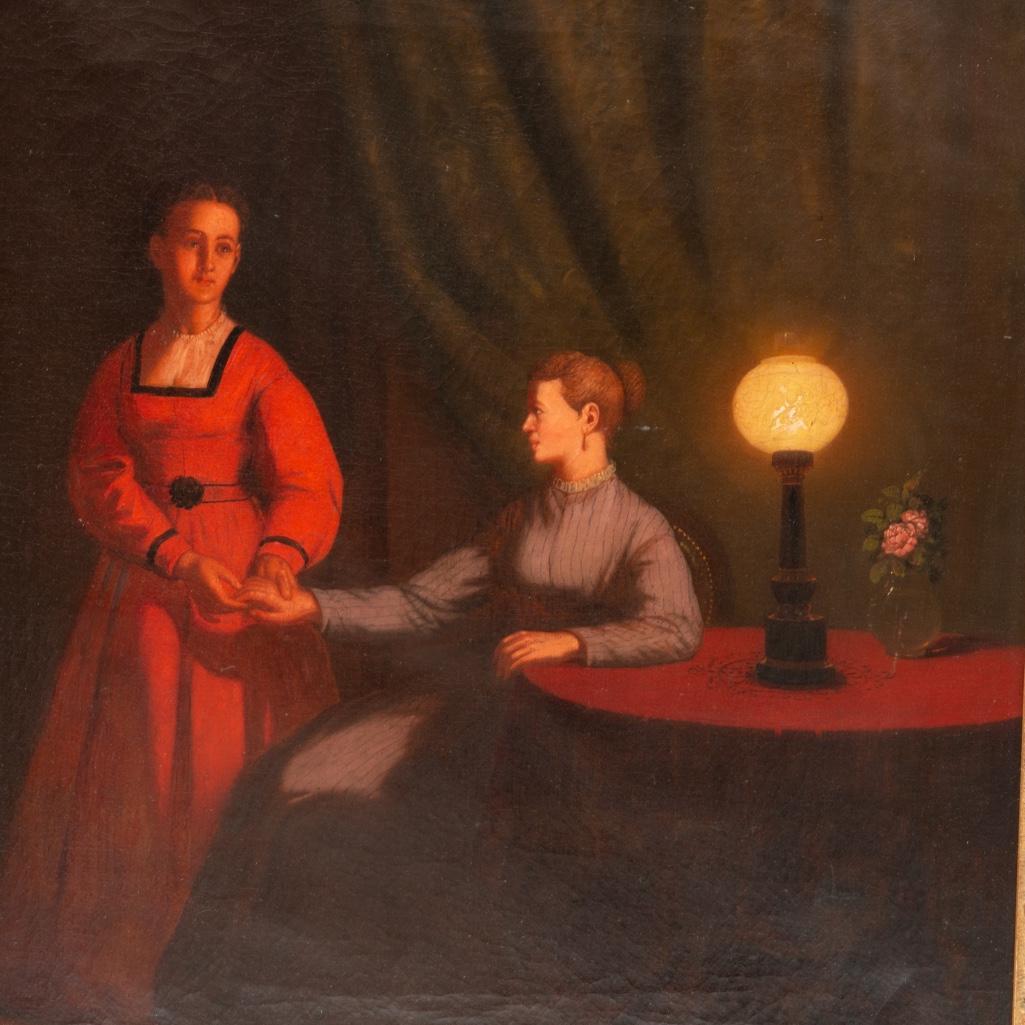Johann Mongels Culverhouse , oil on canvas: Johann Mongels Culverhouse oil on canvas, Two Women in Interior, signed and dated 1868, lower left, 29"h x 24"w (sight), 40"h x 33"w (frame). Culverhouse was a native of Rotterdam, Holland who began w