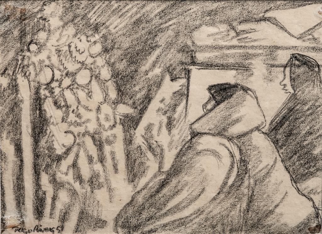 Diego Rivera Signed Charcoal on Paper Drawing: Diego Rivera signed and dated charcoal on paper drawing "Ofrenda a los Muertos" titled on verso with Christies label 6"h x 8.5w