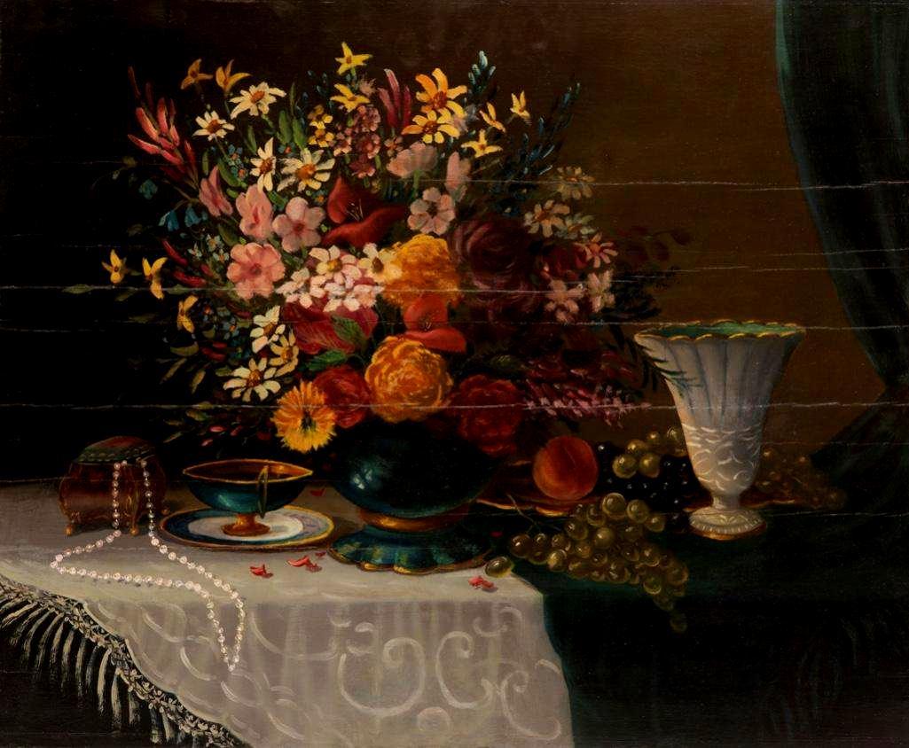 oil painting on wood panel circa 1800: Antique still life oil painting on wood panel supported by cradle, late 18th or early 19th century approx 23" x 28"