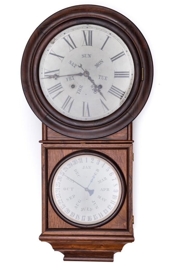 Early 20th Century Antique Welch Roosewood Clock: Antique welch rosewood perpetual calendar regulator wall clock approx 24"HT