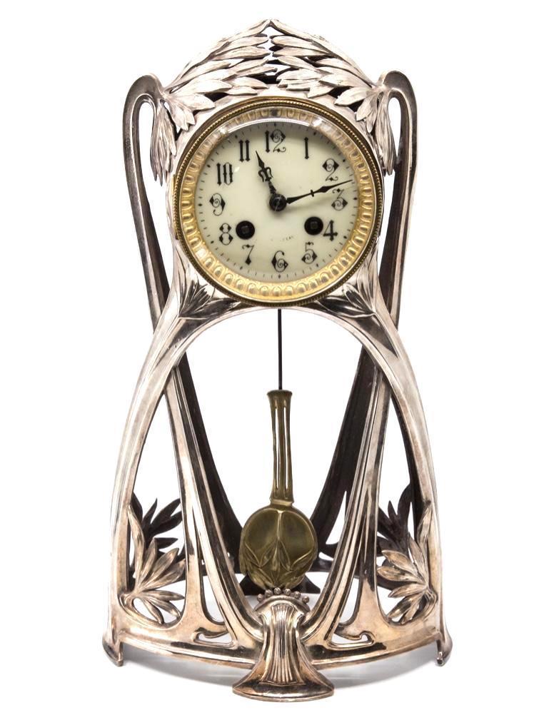 Art Nouveau French Silver Plated Jappy Freres Clock: Exceptional art nouveau French silver plated mantel clock circa 1900 with Jappy Freres movement 15" ht