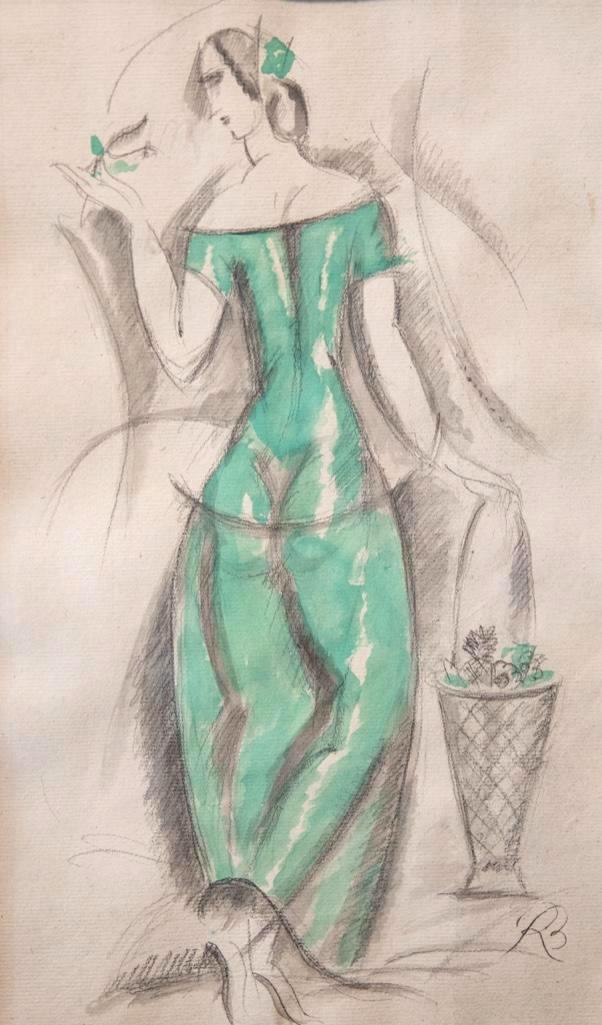 Rene Buthaud Mixed-Media on Paper Woman in Green Dress,: Rene Buthaud mid century woman in green dress, signed and dated 1924 mixed media on paper Provenance: The artist, collection Michel Fortin, Paris: Collection of Stephen Engel, Florida: Literature: Cru