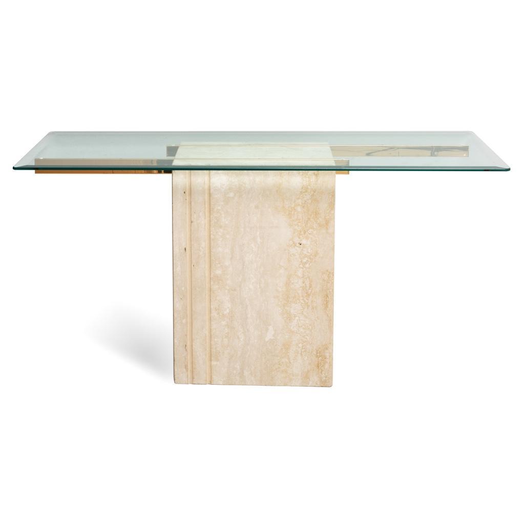 Mid Century Modern 20th century Travertine Sofa Table: Mid Century Modern Travertine Chrome Glass Top Console Sofa Table 59"w x 19"d x 29.5" h