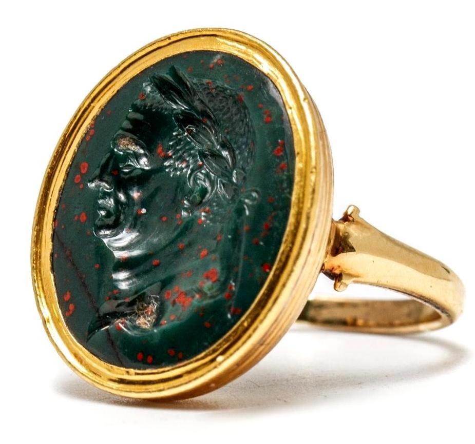 Georgian Intaglio Gold Ring Circa 1790: James Robinson Intaglio cut bloodstone and gold ring depicting Caesar. Circa 1790 from the Estate of Bady United Nations Plaza NY, and purchased from James Robinson 57th Street New York, NY in 1975 wi