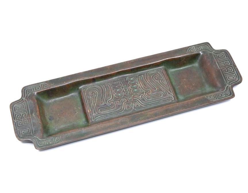 Tiffany Studios Bronze Chinese Pattern Pen Tray: Tiffany Studios Bronze Chinese Pattern Pen Tray. 12"L x 2.75"W