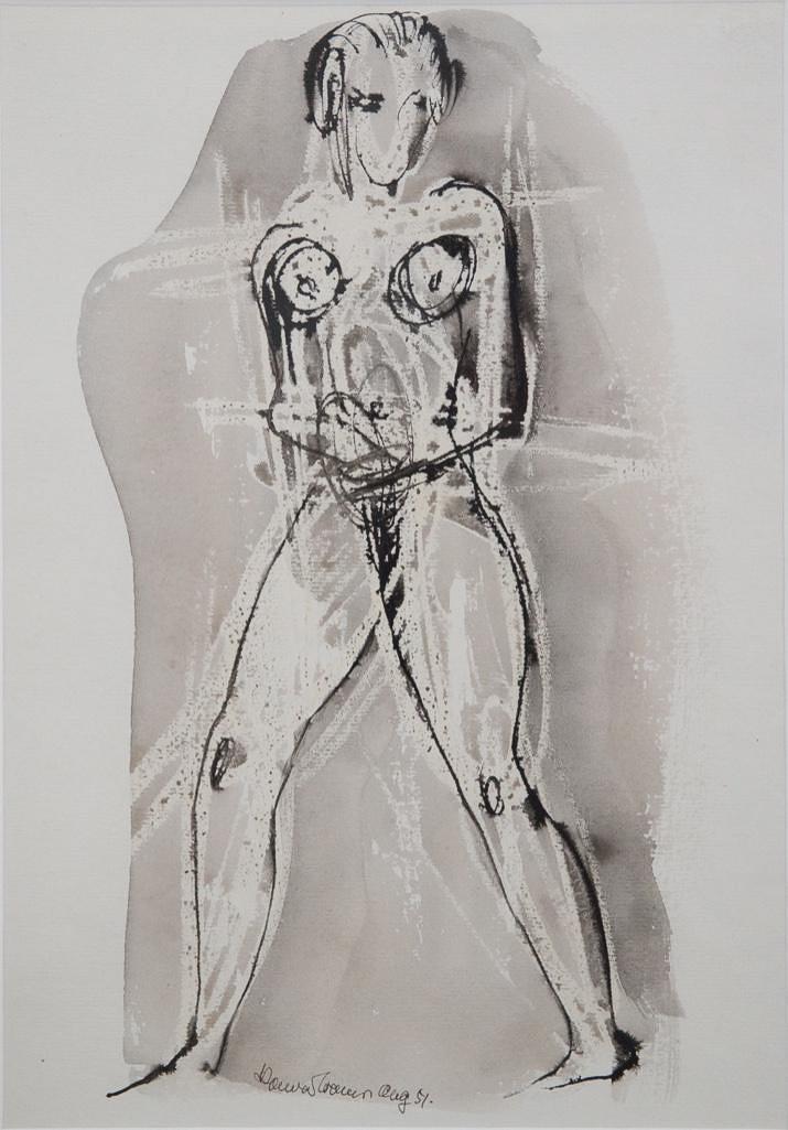 Signed Konrad Cramer Watercolor: Konrad Cramer signed mid century watercolor on paper Standing Nude 1951 15.25” x 13.25”
